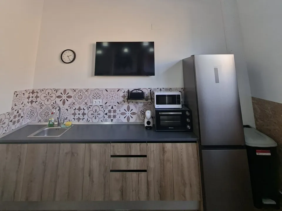 La cocina: encimera con fregadero, microondas, horno y cafetera, una nevera alta y la tele en la pared